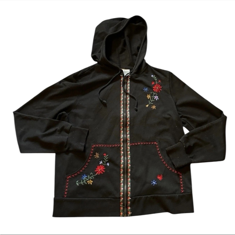Jason Maxwell Full Zip Floral Embroidered Boho Hippy Black Hoodie Size Small
